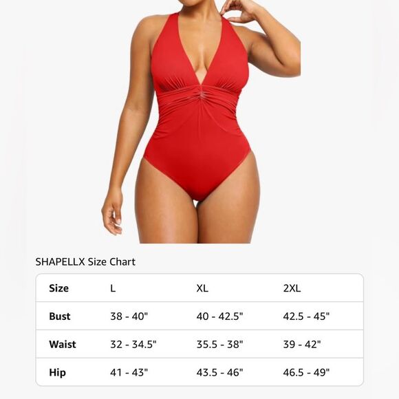SHAPELLX Tummy Control Swimsuit Women Ruched V Neck One Piece Red L NWT - Picture 10 of 10